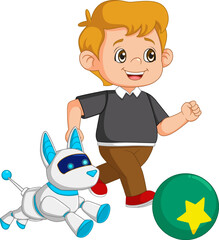 young boy playing a big ball with his cyber dog