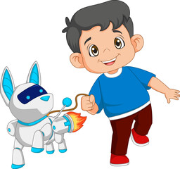 young boy playing with cyber dog using jetpack