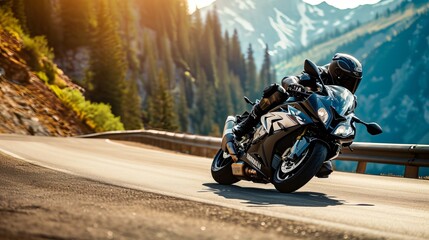 Motorcyclist Riding on Winding Mountain Road at Sunset, Surrounded by Lush Greenery and Majestic...