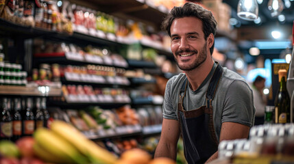 Waist up portrait of bearded man looking at camera while standing by fruit and vegetable stand at farmers market, copy space