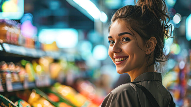 Supermarket Woman Worker In Black Apron Stacking Fruits