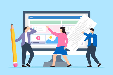 Professionals business team building website on computer screen in flat design