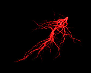 Realistic lightning isolated on black background. Natural light effect, bright glowing. Magic red...
