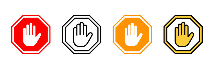 Fototapeta premium Stop icon set vector. stop road sign. hand stop sign and symbol. Do not enter stop red sign with hand