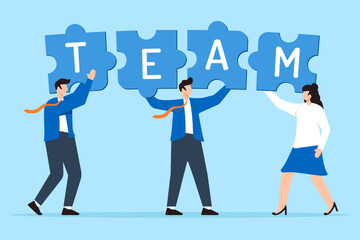 Business team connecting jigsaw puzzle together in flat design