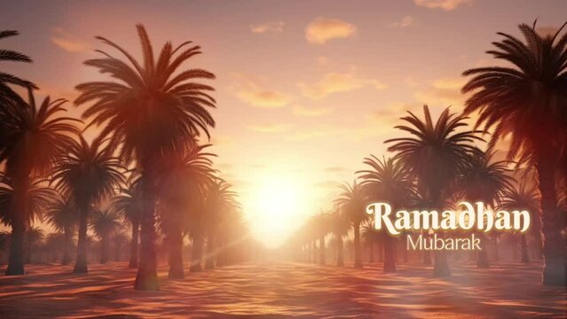 Ramadhan Kareem greeting with Dates fruit on the palm trees in the desert. Healthy and organic food. Traditional product.