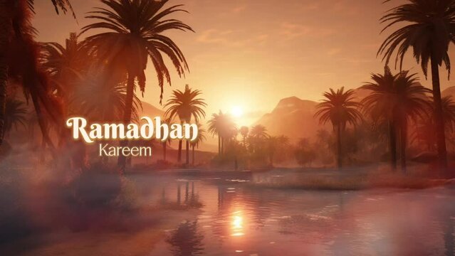 Ramadan Kareem greeting with Dates fruit on the palm trees in the desert. Healthy and organic food. Traditional product.