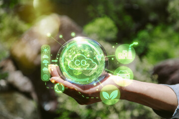 environment concept Hand holding Glass globe co2  in nature