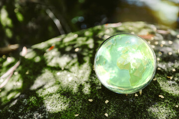 environment concept Glass globe on green moss in nature