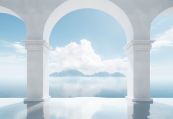 A serene view through a white archway leading to calm waters and a mountainous horizon. Elegantly simple architectural archway framing a tranquil sea and cloud landscape