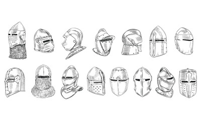 warrior knight helmet handdrawn collection - obrazy, fototapety, plakaty