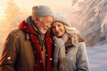 Seniors couple in winter nature.