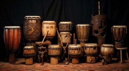 Collection of ancient vintage wooden drums. Oriental musical instruments. - obrazy, fototapety, plakaty
