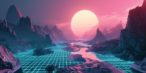landscape vapor wave synth background, Fantasy alien planet. Mountain and sunset. - obrazy, fototapety, plakaty