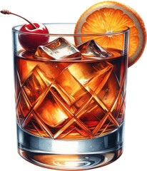 Old Fashioned, Hyper Realistic Watercolor Style of Old Fashioned, One of the Famous Cocktail drinks BIG PNG Clipart, High Quality Transparent Backgrounds