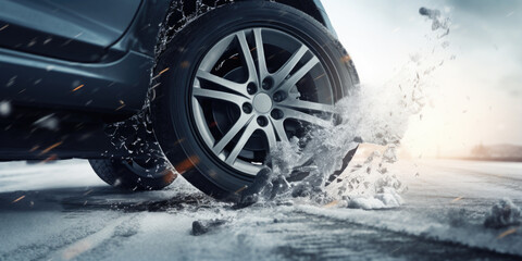 Close-up of Car Tire Slipping on Icy Road - obrazy, fototapety, plakaty