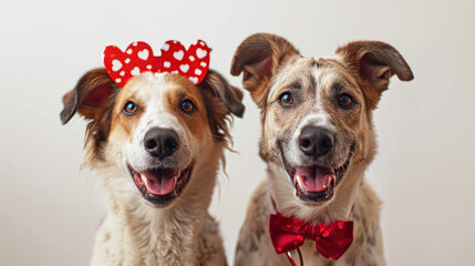 two dogs puppy love celebrating valentine's day with a red heart shape diadem. Isolated on white background. Happy expression.