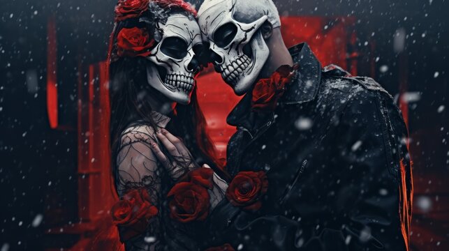 Scary halloween background with skull. valentine love woman and man snow png like style