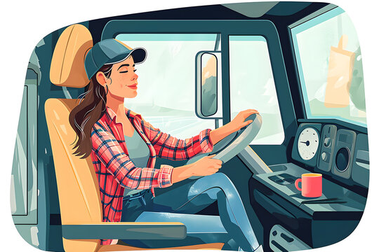 Flat vector illustration, a young girl a cargo truck driver is stretching in the lorry cabin it s time to take a break , White background

