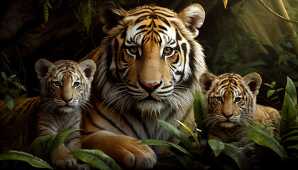 A majestic tiger with its cubs in a sunlit jungle, surrounded by lush greenery, AI generated