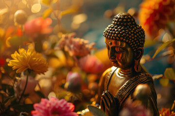 Glowing buddha decorated with flowers in heaven light - obrazy, fototapety, plakaty