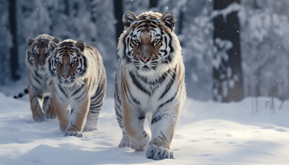 Fototapeta na wymiar A pack of Siberian tigers walking through a snowy forest, AI generated