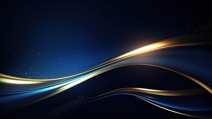 Blue luxury background with golden line decoration and curve light effect with bokeh elements. Modern art elegant dark scene. Generative Ai