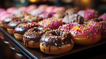 Foto op Plexiglas Closeup sweet donuts filled with melted chocolate and sprinkles with a blurred background © GradPlanet