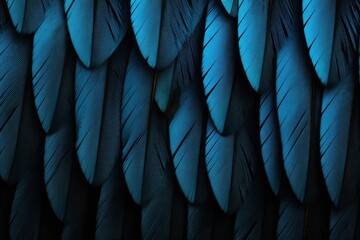 Beautiful feathers background in dark navy blue colors. Closeup image of colorful fluffy feather. Minimal abstract composition with place for text. Copy space