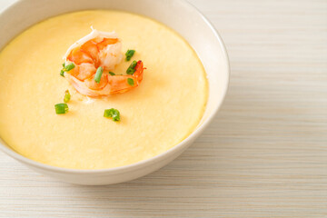 Steamed egg with shrimp and spring onions