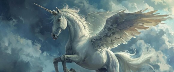 a beautiful pegasus unicorn running in the forest. Fantasy art