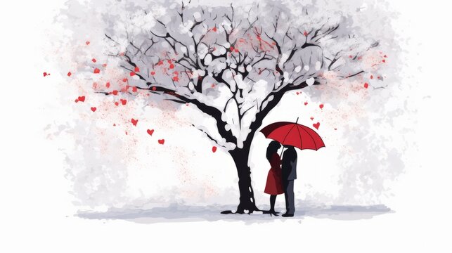 A red flower is sitting on a snowy branch in the snow, with snow on the ground and behind it is a tree with snow on the branches and behind it is snowing on the.. valentine love woman an