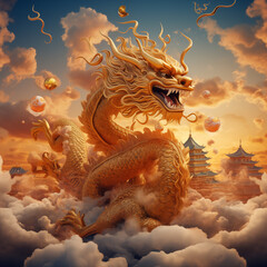 Majestic Golden Dragon Soaring Through Clouds in the Year of the Dragon. The golden hues illuminate the scene, creating a magical atmosphere that embodies the spirit of this legendary creature.