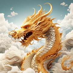 Majestic Golden Dragon Soaring Through Clouds in the Year of the Dragon. The golden hues illuminate the scene, creating a magical atmosphere that embodies the spirit of this legendary creature.