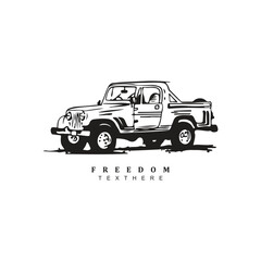 Vintage hand drawn old truck pickup logo design isolated on white background