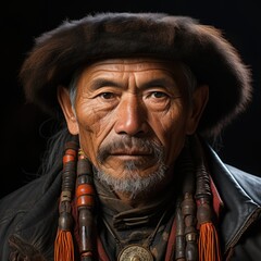 A photo of mongolian man with old style cap or hat and old style clothes Generative AI