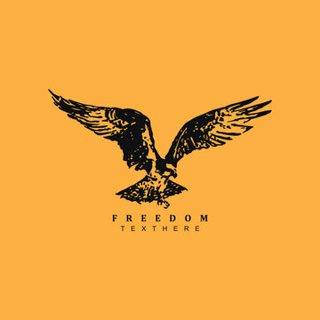 Vintage hand drawn eagle predator logo design isolated on yellow background