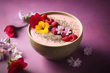 Obraz na płótnie Canvas Exotic Dragon Fruit Smoothie Bowl Adorned with Edible Blossoms on a Minimalist Sunbeam Yellow Backdrop with Space for Text
