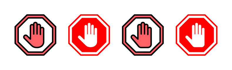 Stop icon set illustration. stop road sign. hand stop sign and symbol. Do not enter stop red sign with hand