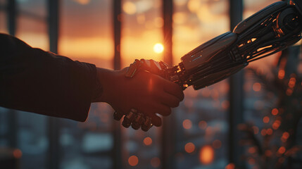 Businessman making handshake with robot, greeting, dealing, merger and acquisition, business joint venture concept, teamwork and successful, Generative ai. - obrazy, fototapety, plakaty