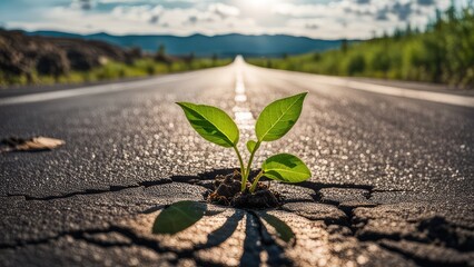 A green sprout on the road. A green sprout grows from a crack in the asphalt on the roadway.