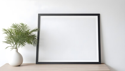 Fototapeta na wymiar Empty-horizontal-frame-mockup-in-modern-minimalist-interior-with-plant-in-trendy-vase-on-white-wall-background--Template-for-artwork--painting--photo-or-poster