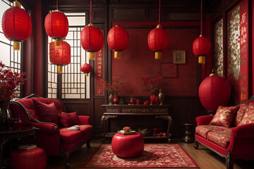a living room filled with lots of red lanterns