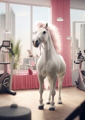 Adorable pink surreal horse stands alone in the gym, AI