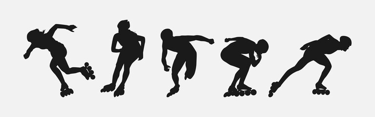 Silhouettes of roller skaters. Sport, athlete, race, lifestyle theme. Isolated on white background. Vector illustration. - obrazy, fototapety, plakaty