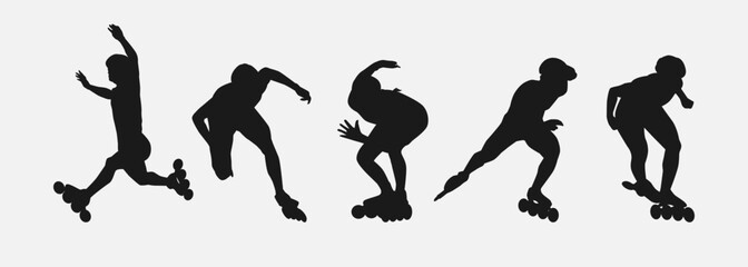 Silhouettes of roller skaters. Sport, athlete, race, lifestyle theme. Isolated on white background. Vector illustration.