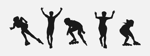 Silhouettes of roller skaters. Sport, athlete, race, lifestyle theme. Isolated on white background. Vector illustration. - obrazy, fototapety, plakaty