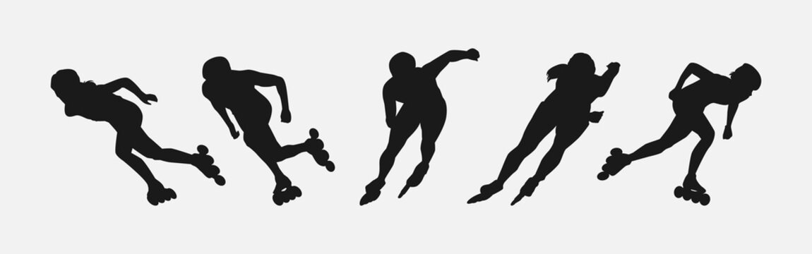Silhouettes of roller skaters. Sport, athlete, race, lifestyle theme. Isolated on white background. Vector illustration.