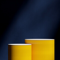 in square dark blue color wall, 3d render blank mockup white and yellow podium
