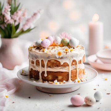 Traditional easter cake on a white table with blossom and colorful painted eggs, light blured background, close - up, copy space.Generative AI